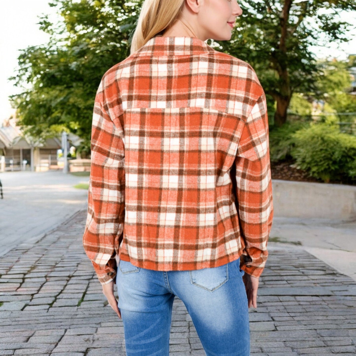 Button-Up Plaid Shirt with Chest Pockets and Long Sleeves