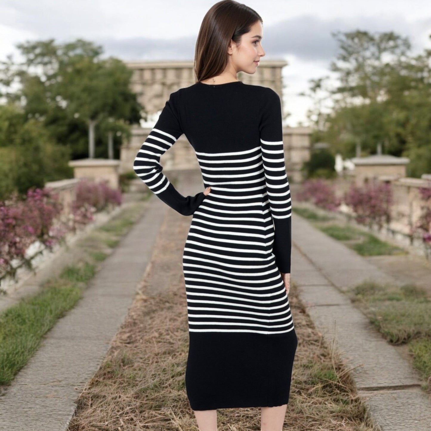 Women's Striped Knit Midi Dress with Long Sleeves and Ribbed Texture