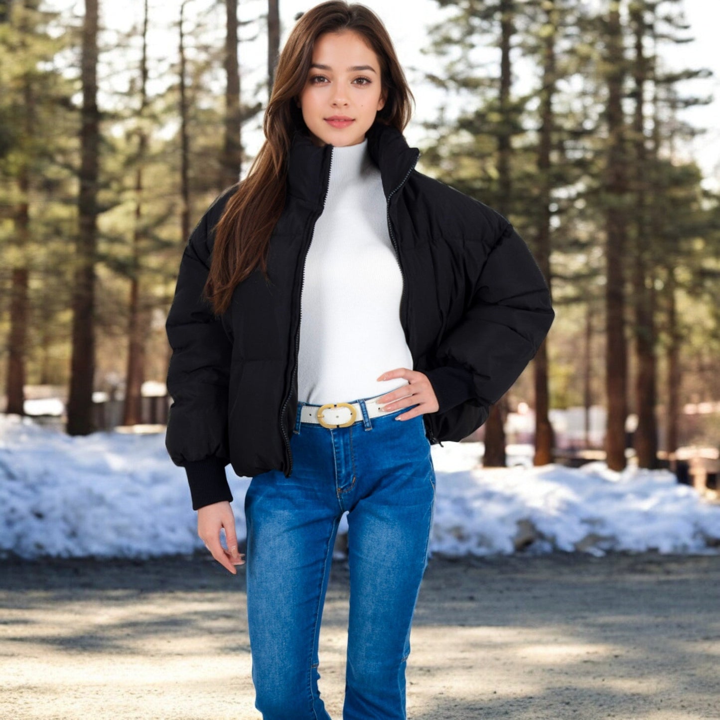 Oversized Quilted Puffer Jacket with Zipper Front