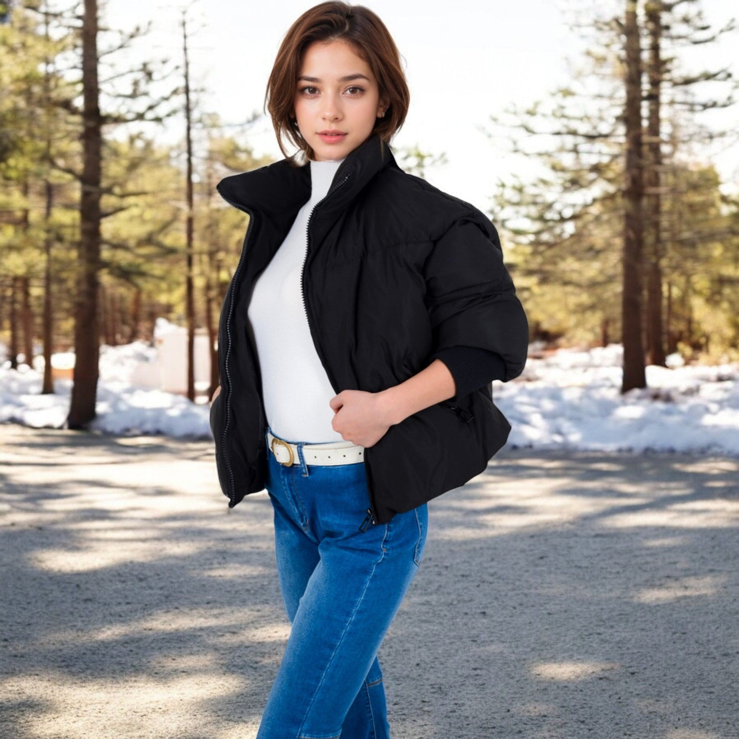 Oversized Quilted Puffer Jacket with Zipper Front