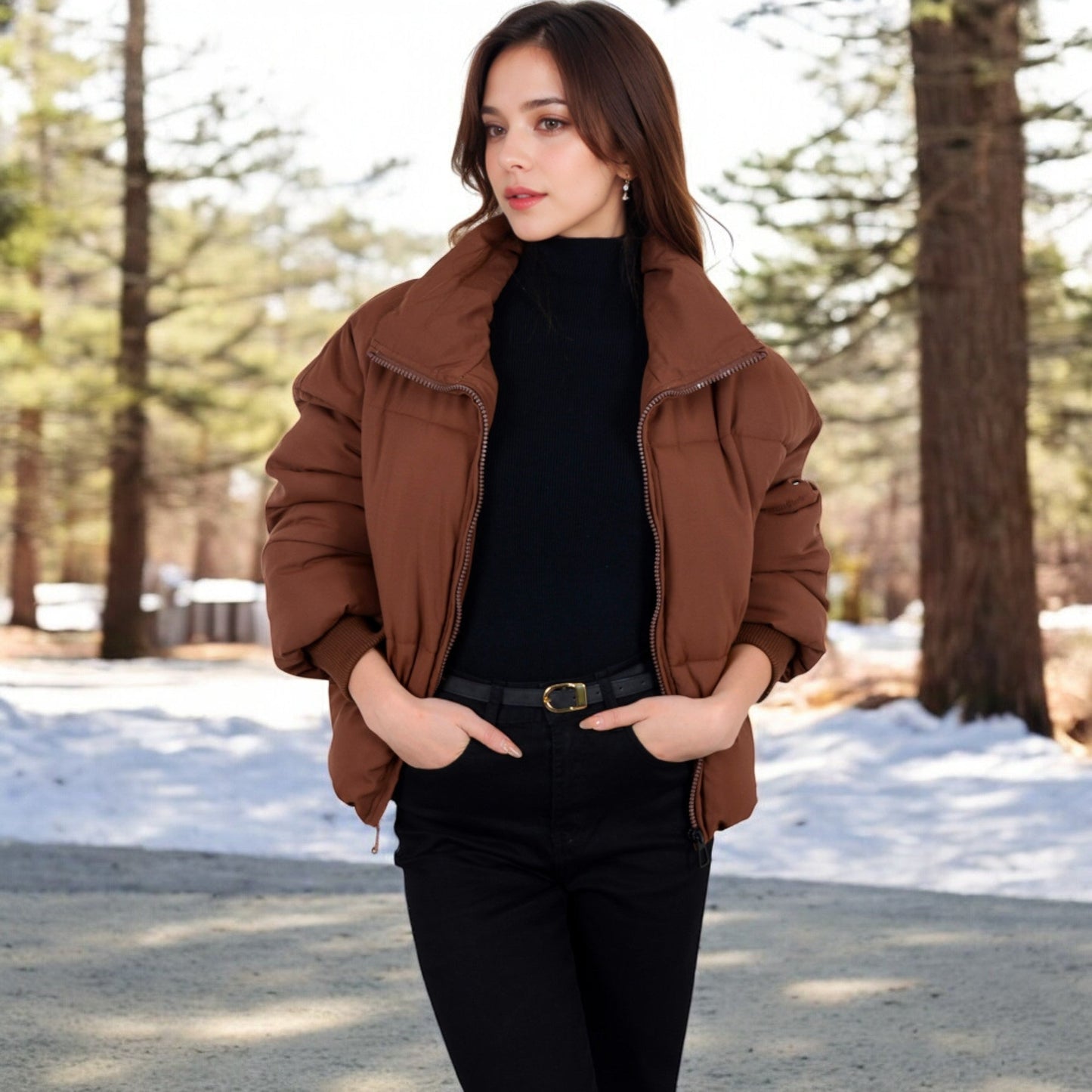 Oversized Quilted Puffer Jacket with Zipper Front
