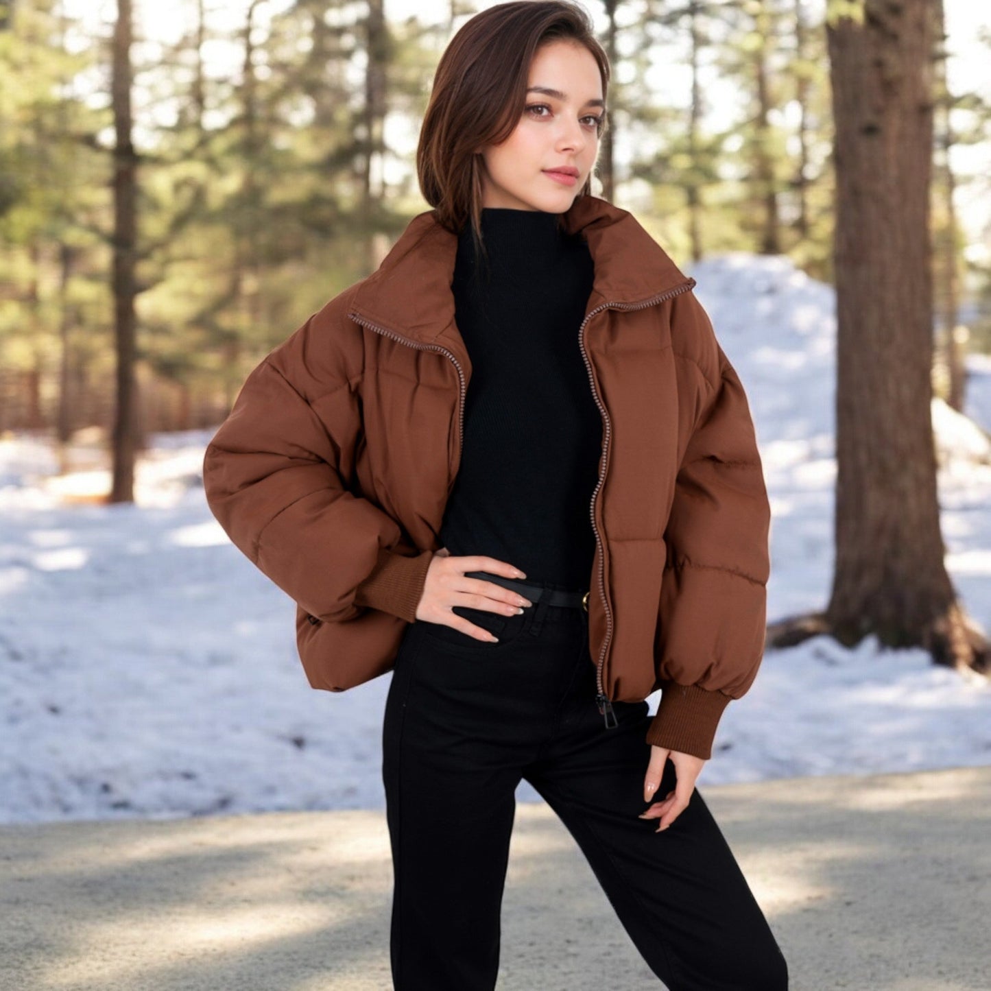 Oversized Quilted Puffer Jacket with Zipper Front