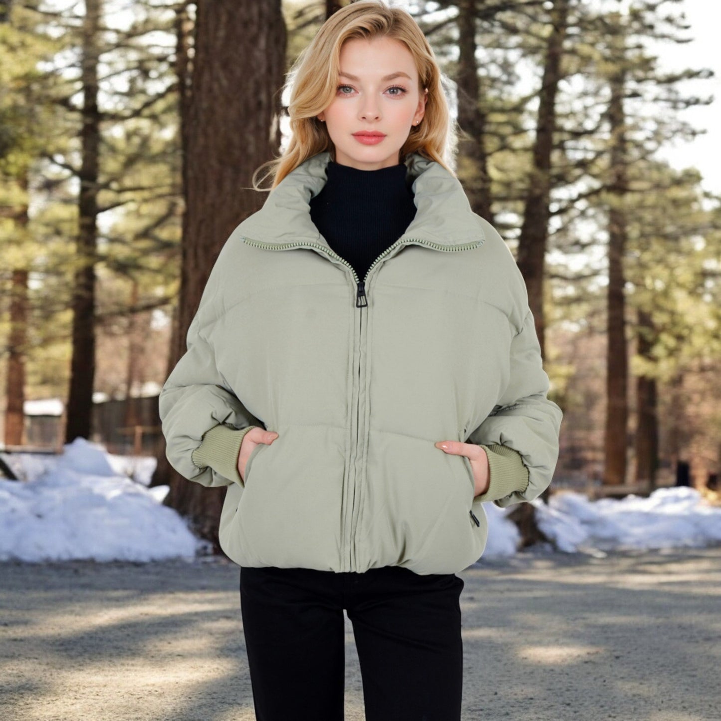 Oversized Quilted Puffer Jacket with Zipper Front