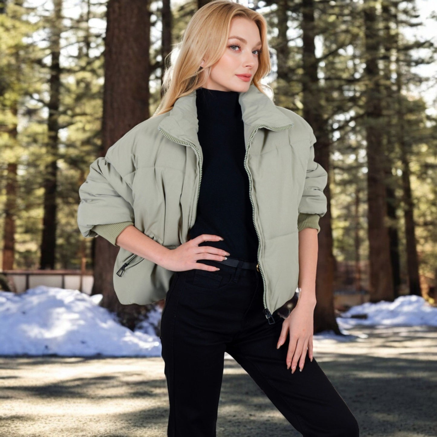 Oversized Quilted Puffer Jacket with Zipper Front