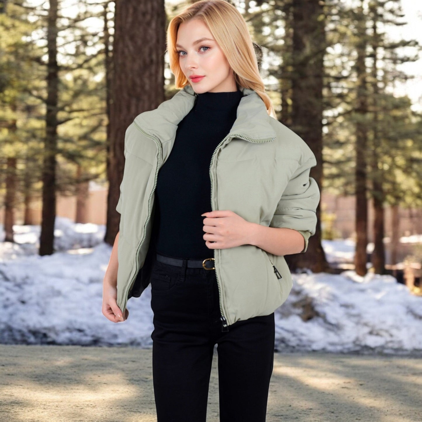 Oversized Quilted Puffer Jacket with Zipper Front