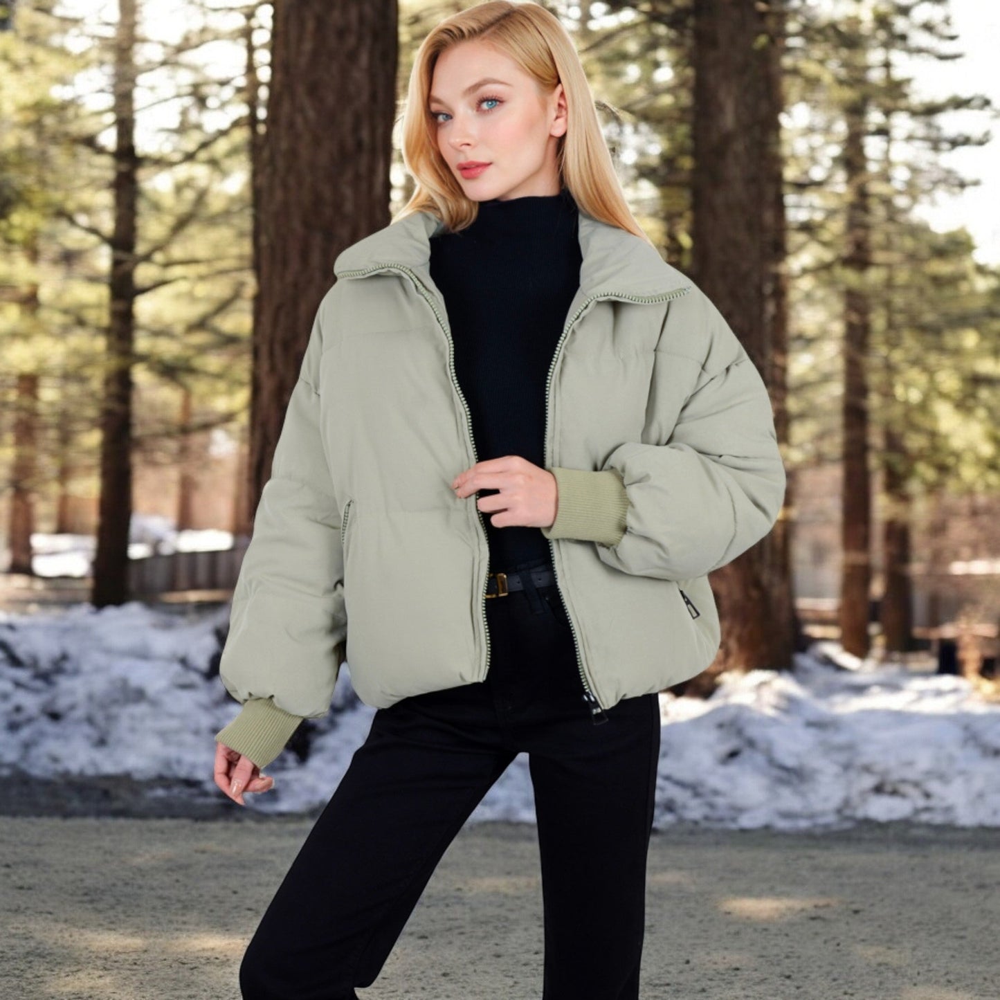Oversized Quilted Puffer Jacket with Zipper Front