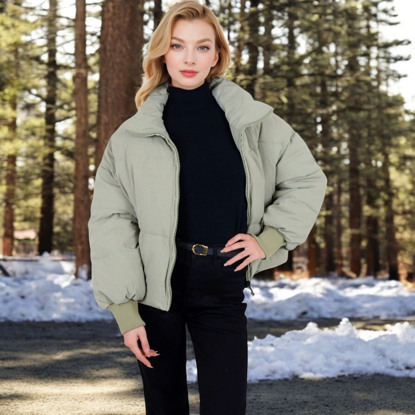 Oversized Quilted Puffer Jacket with Zipper Front