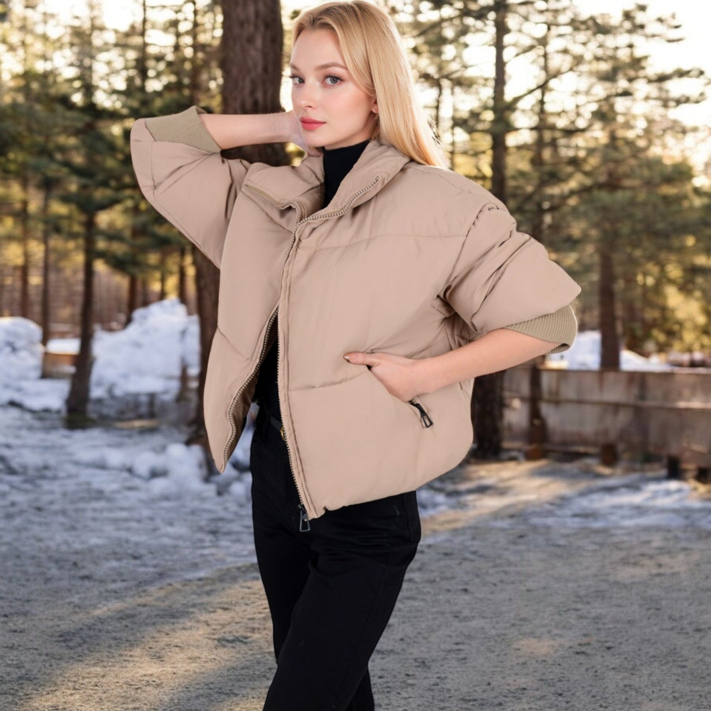 Oversized Quilted Puffer Jacket with Zipper Front