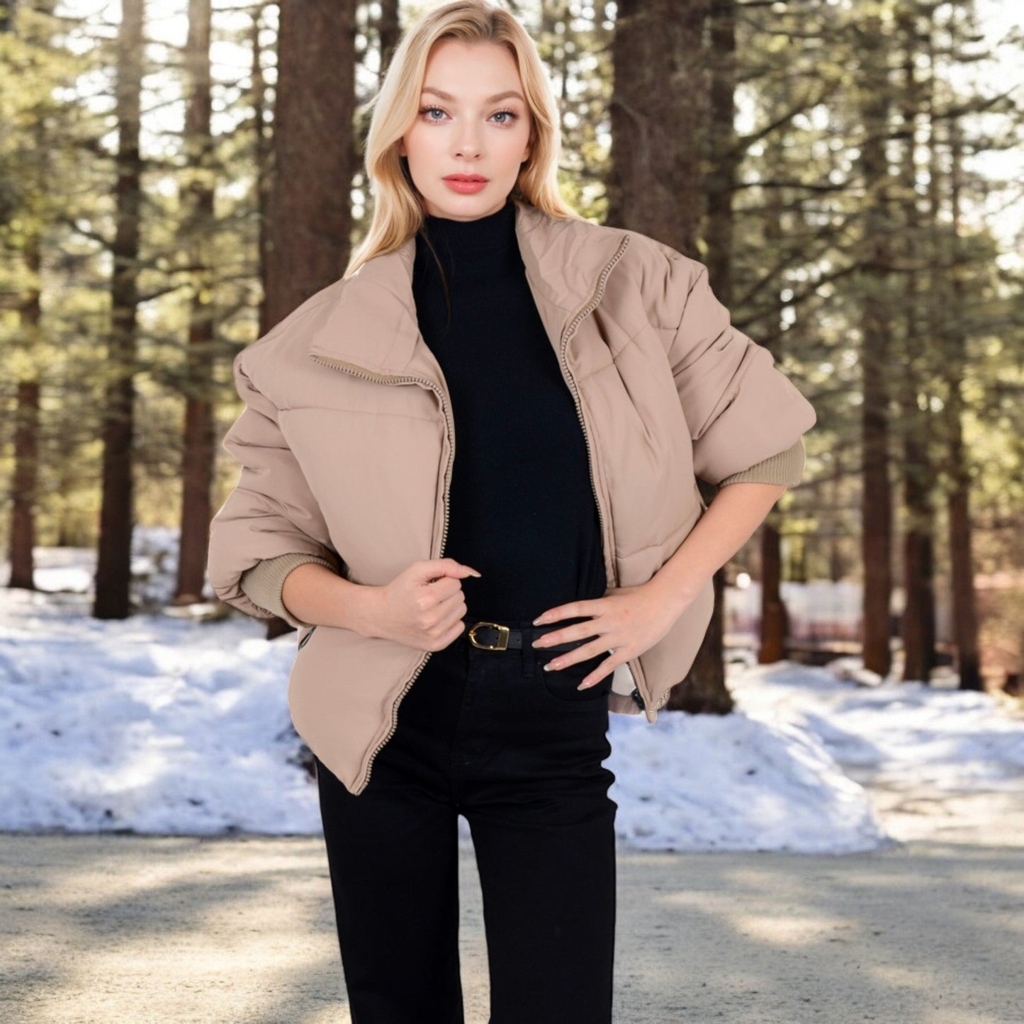 Oversized Quilted Puffer Jacket with Zipper Front