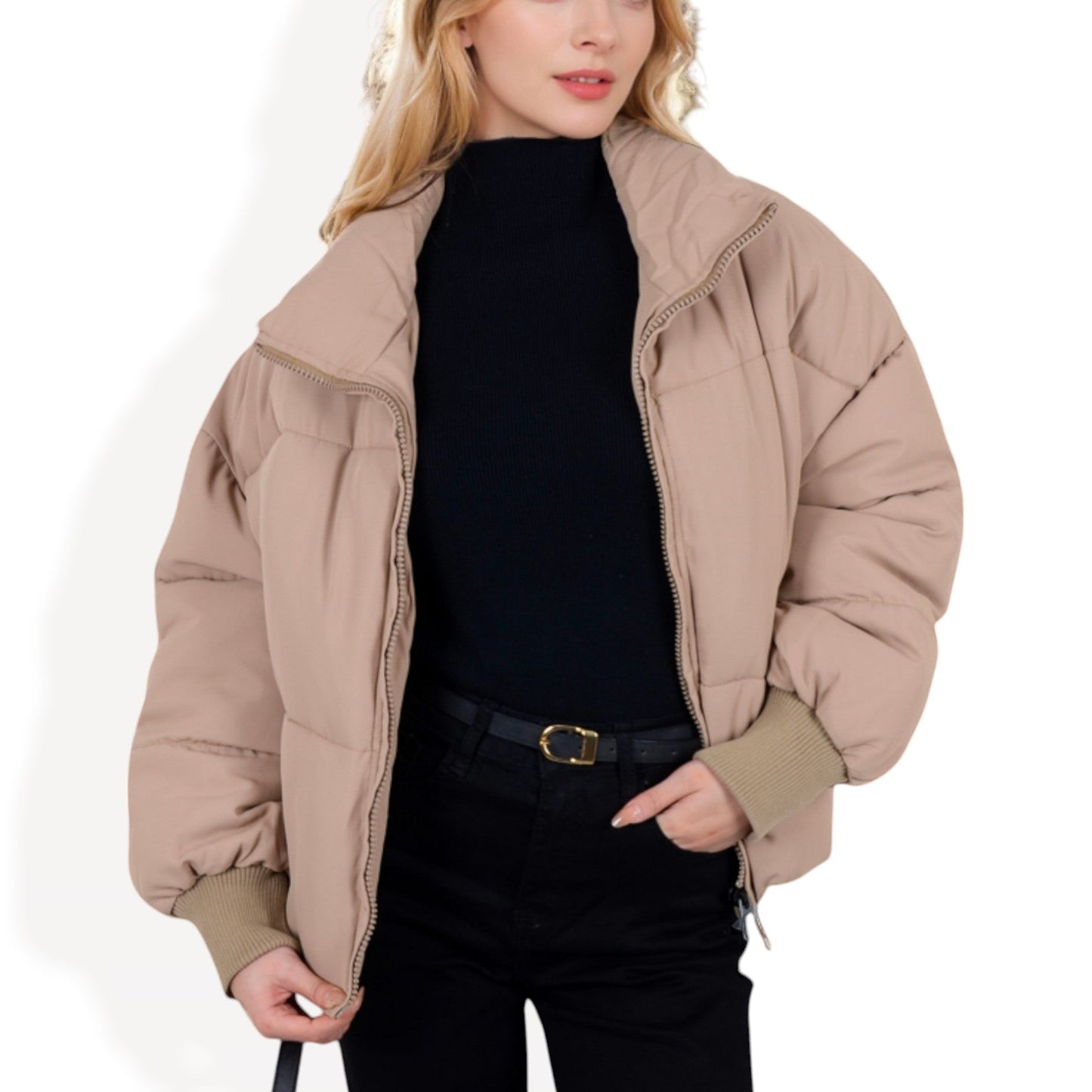 Oversized Quilted Puffer Jacket with Zipper Front