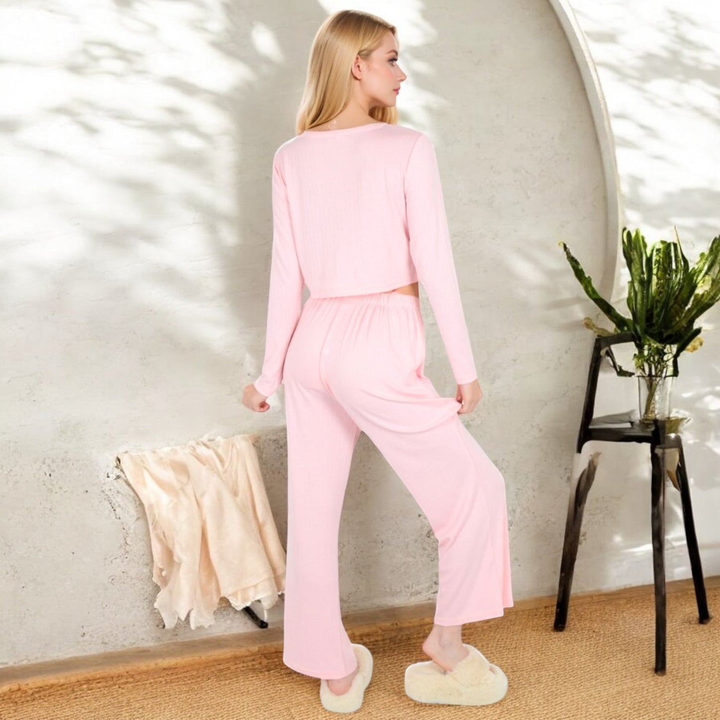 Ribbed Button-Down Long Sleeve Top and Wide-Leg Pants Lounge Set