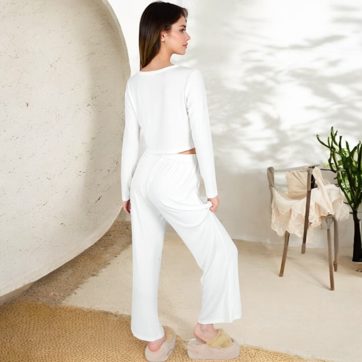 Ribbed Button-Down Long Sleeve Top and Wide-Leg Pants Lounge Set