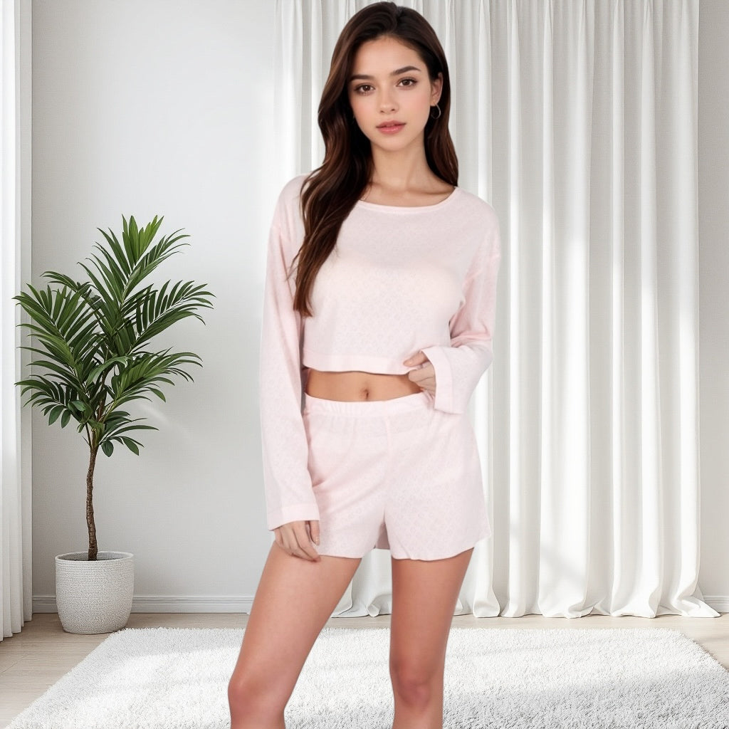 Long Sleeve Crop Top and Elastic Waist Lounge Shorts Set