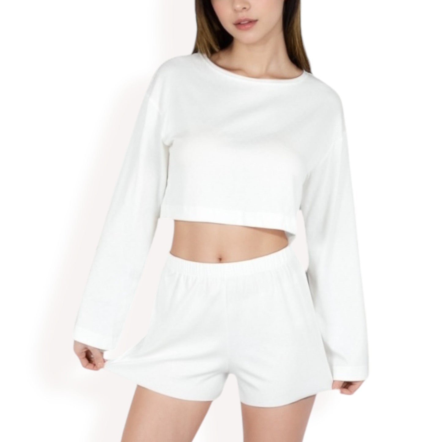 Long Sleeve Crop Top and Elastic Waist Lounge Shorts Set