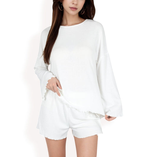 Long Sleeve Lounge Top and Elastic Waist Shorts Set