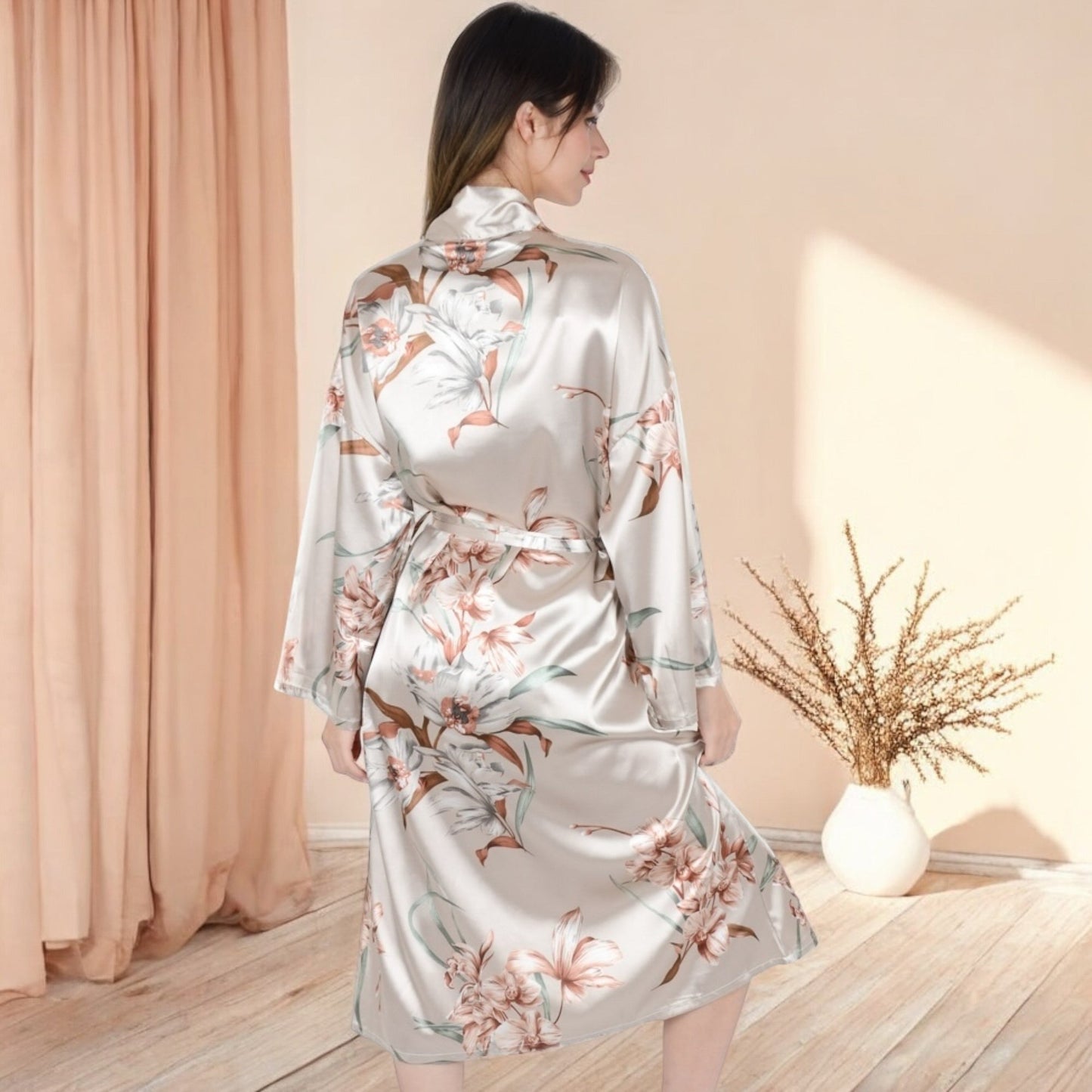 Floral Satin Kimono Robe with Matching Cami Top and Shorts