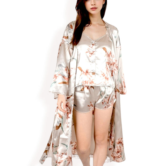 Floral Satin Kimono Robe with Matching Cami Top and Shorts