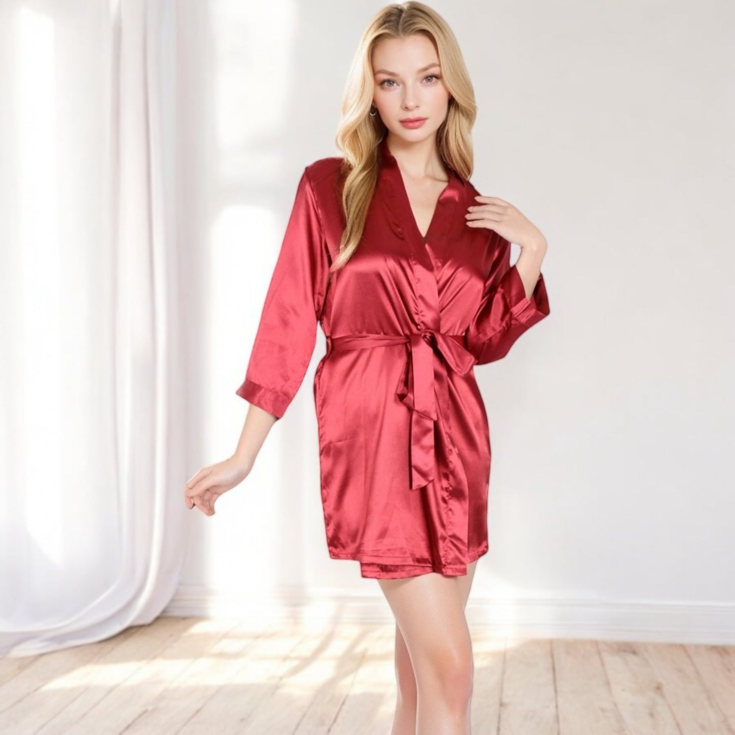 Short Satin Robe with Waist Tie and Three-Quarter Sleeves