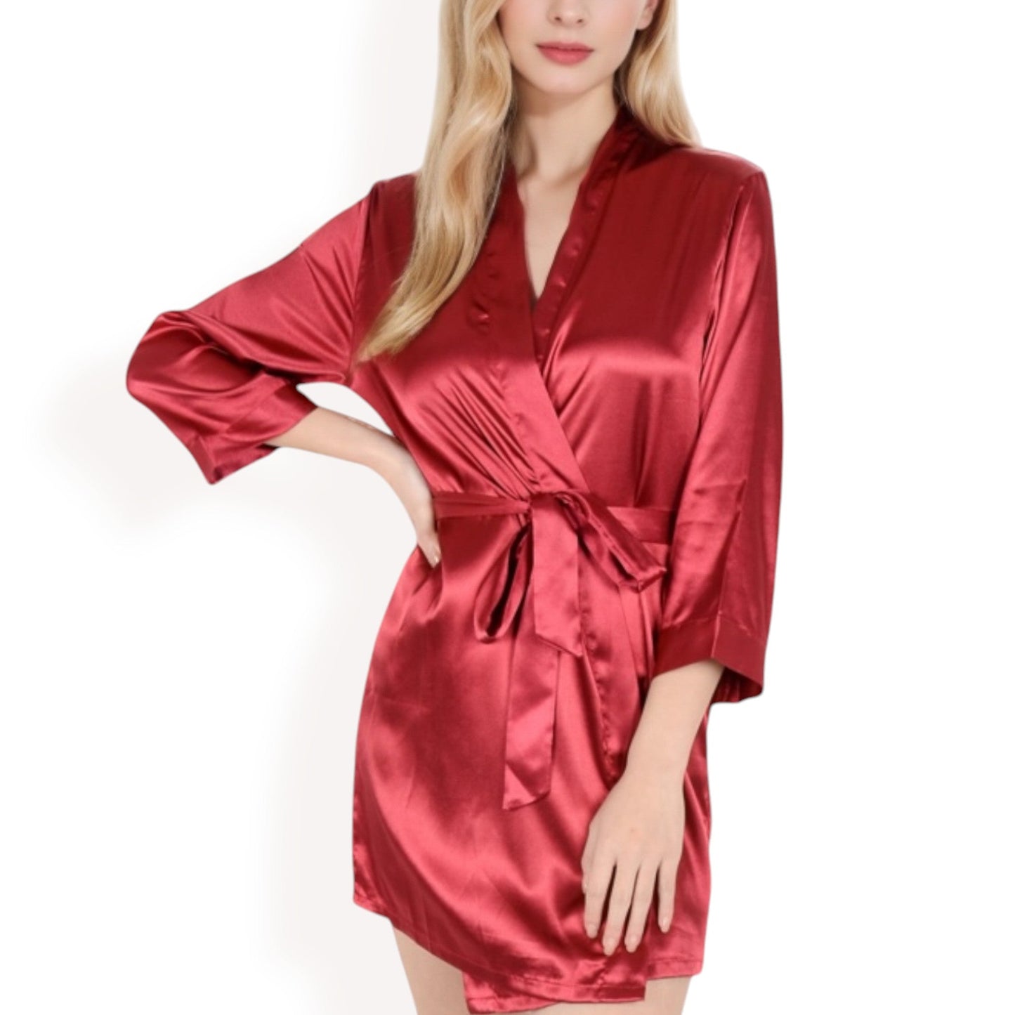 Short Satin Robe with Waist Tie and Three-Quarter Sleeves
