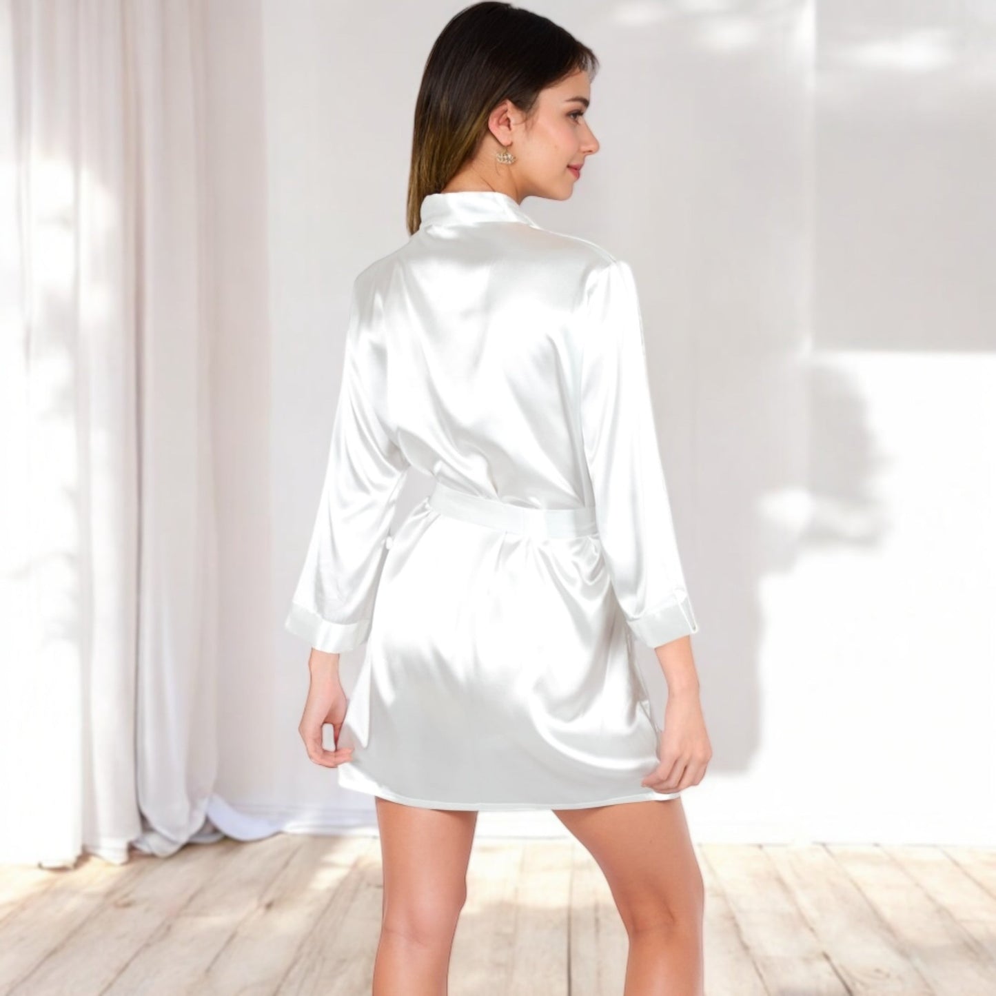 Short Satin Robe with Waist Tie and Three-Quarter Sleeves
