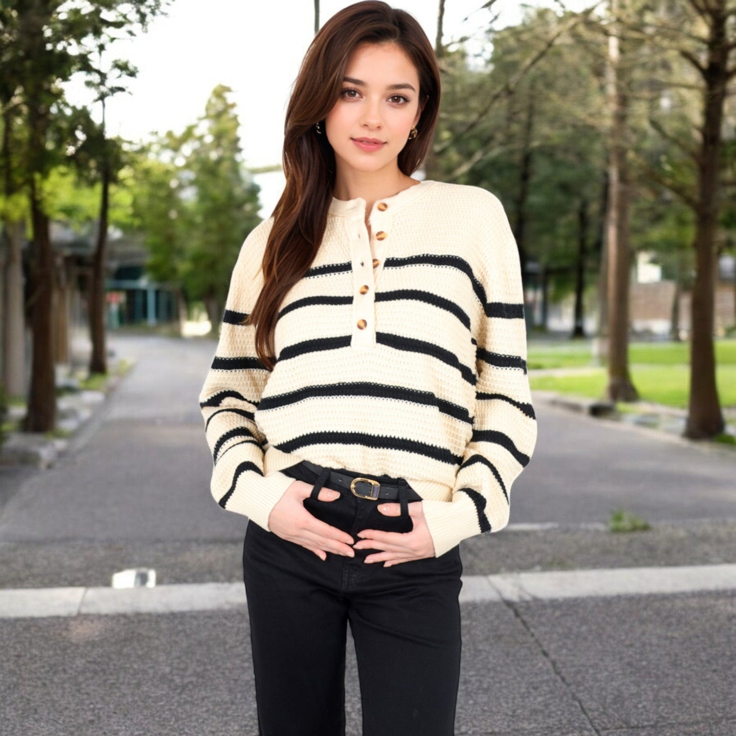 Women's Striped Waffle Knit Pullover with Button Down Collar
