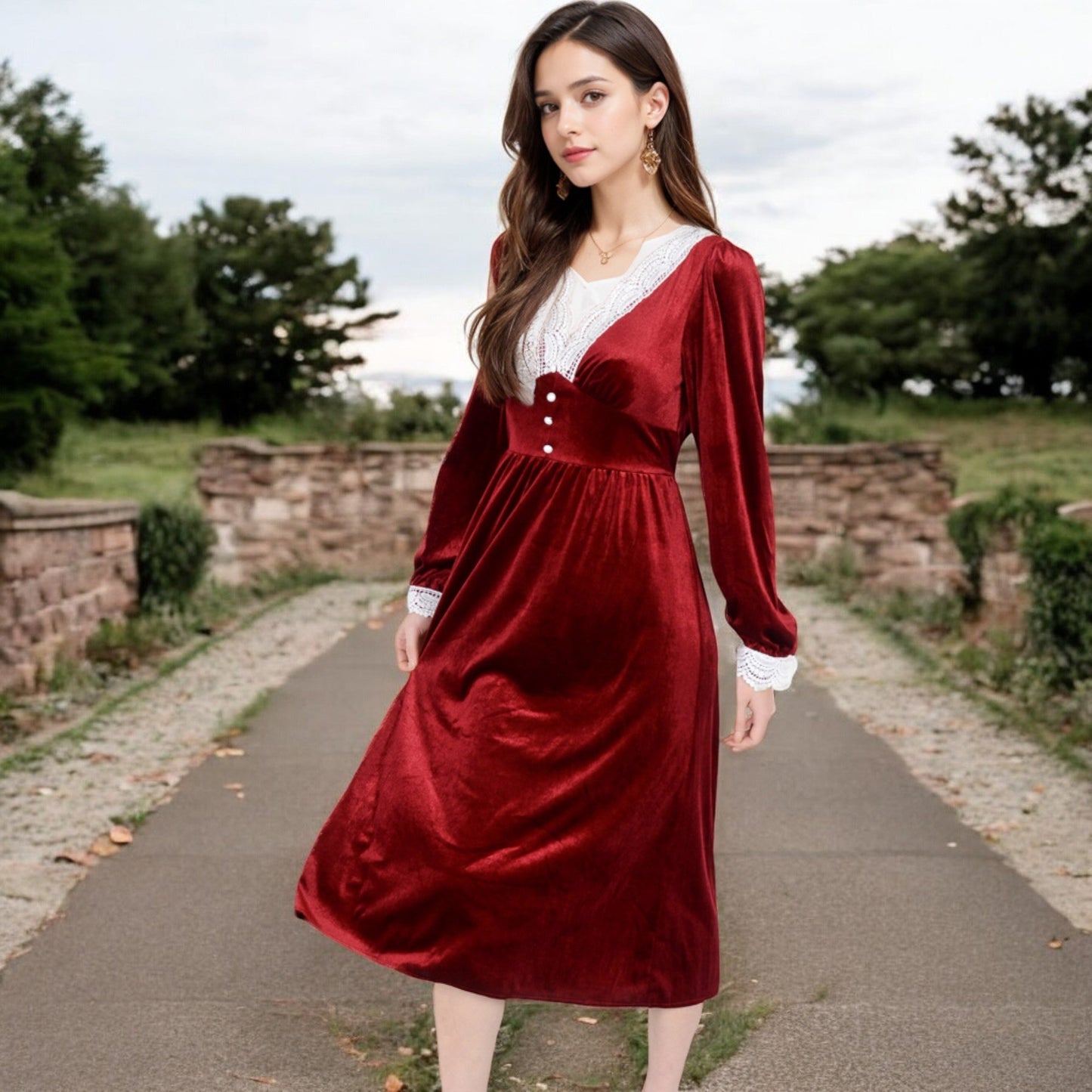 Velvet Dress with Lace Trim and Button Detail