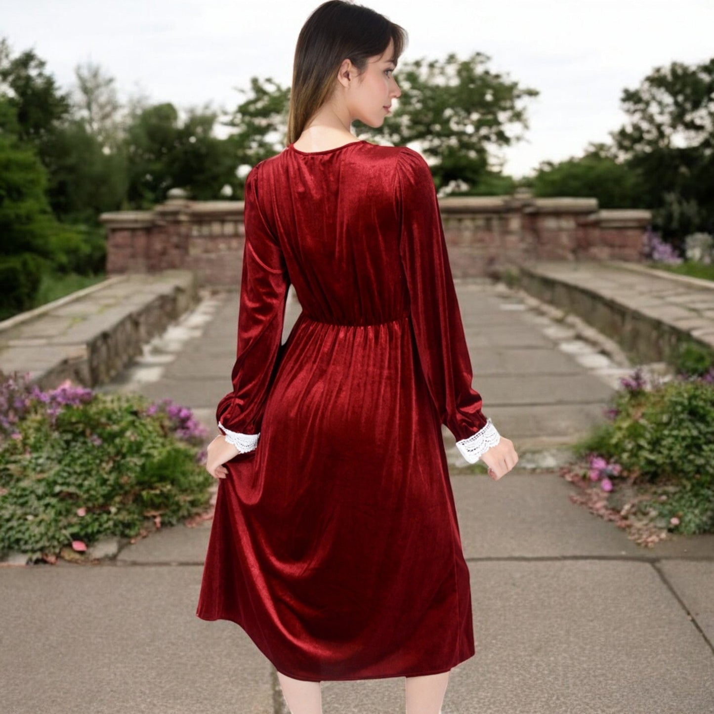 Velvet Dress with Lace Trim and Button Detail