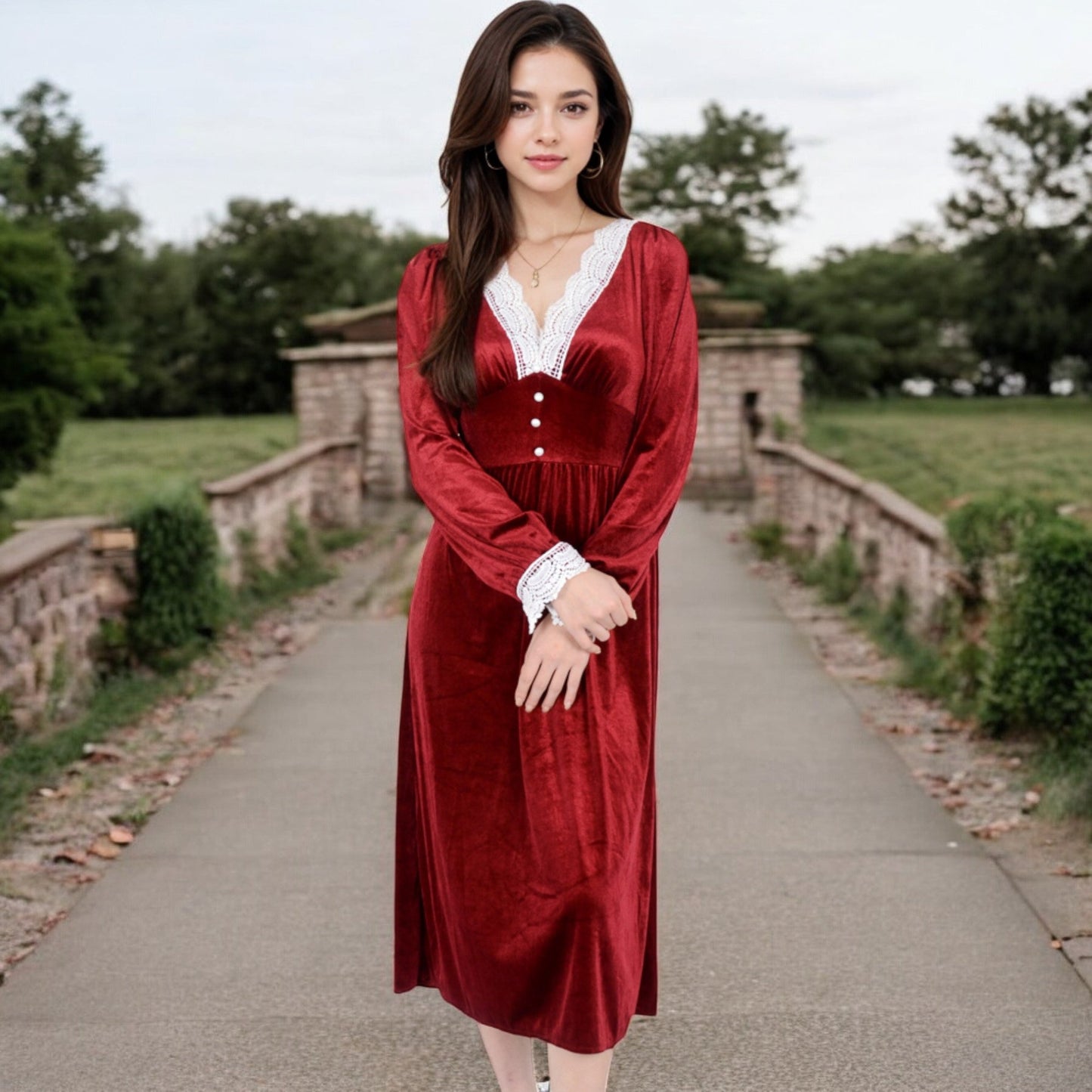 Velvet Dress with Lace Trim and Button Detail