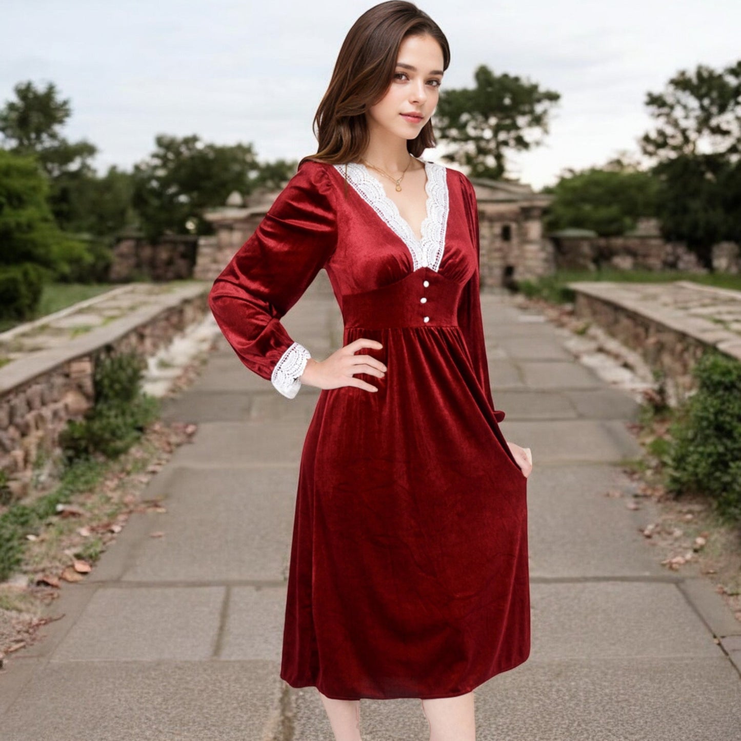 Velvet Dress with Lace Trim and Button Detail