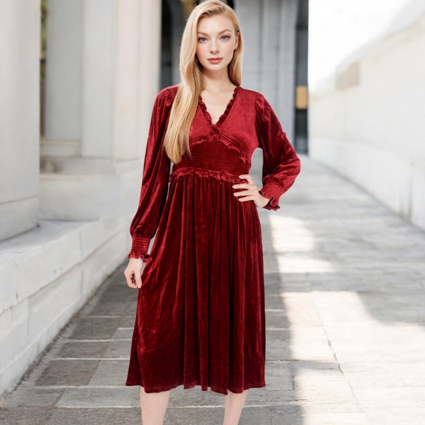 Velvet Dress with Smocked Bodice and Ruffled V-Neck