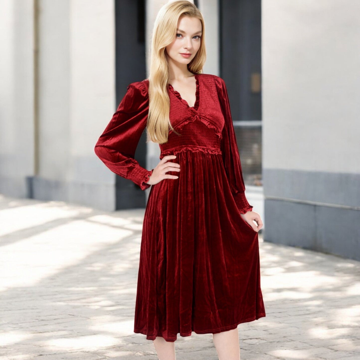 Velvet Dress with Smocked Bodice and Ruffled V-Neck
