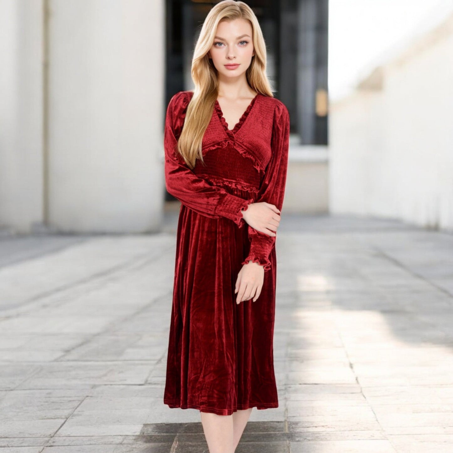 Velvet Dress with Smocked Bodice and Ruffled V-Neck