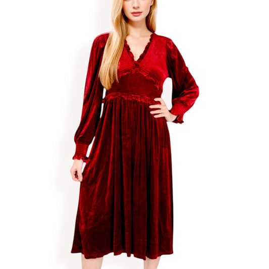 Velvet Dress with Smocked Bodice and Ruffled V-Neck