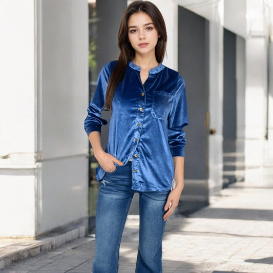 Velvet Button-Down Shirt with Chest Pocket
