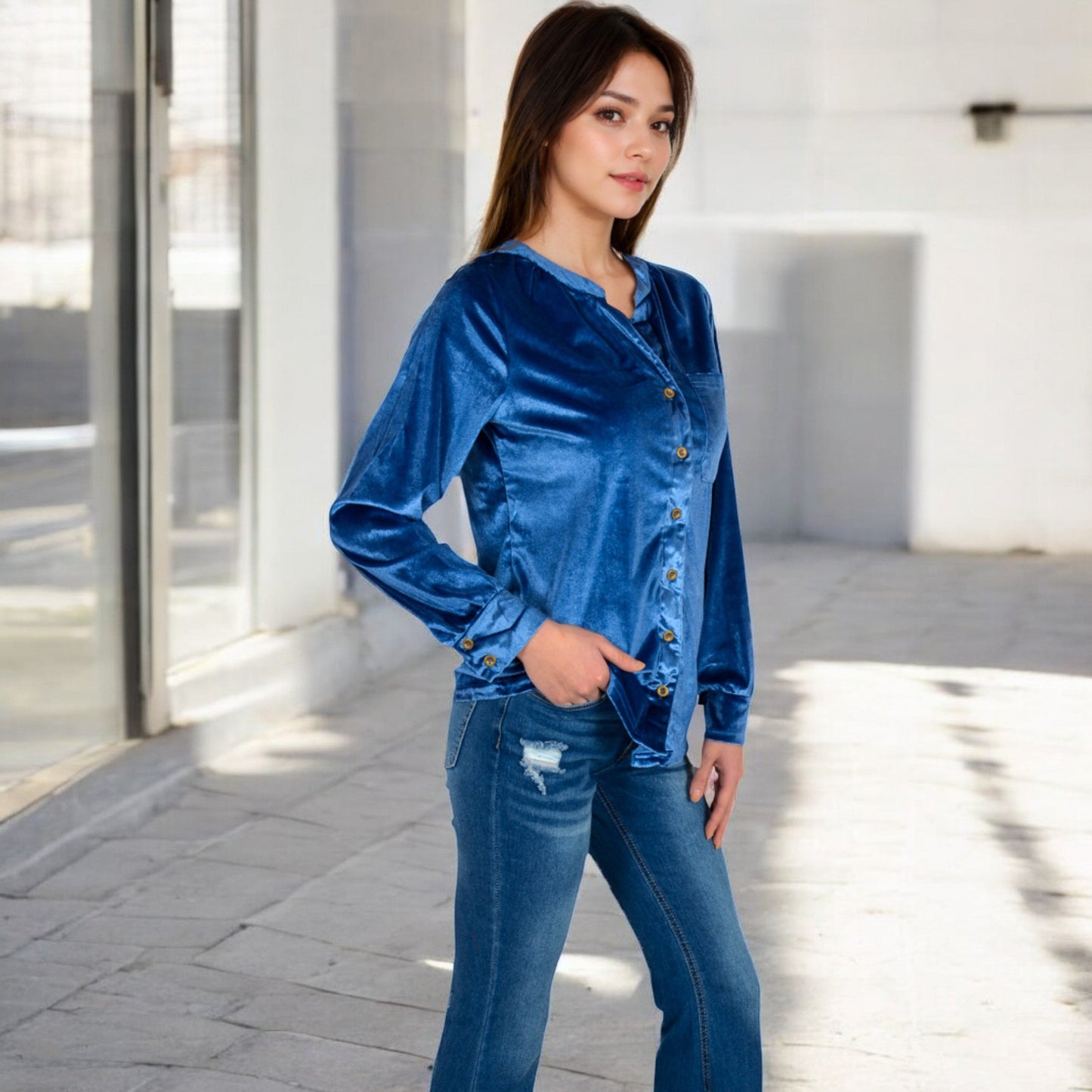Velvet Button-Down Shirt with Chest Pocket