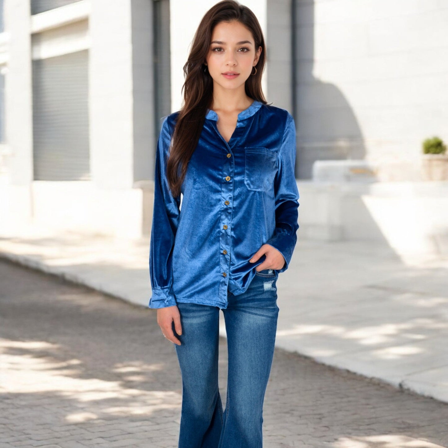 Velvet Button-Down Shirt with Chest Pocket