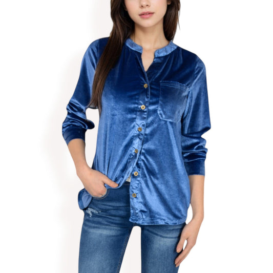 Velvet Button-Down Shirt with Chest Pocket