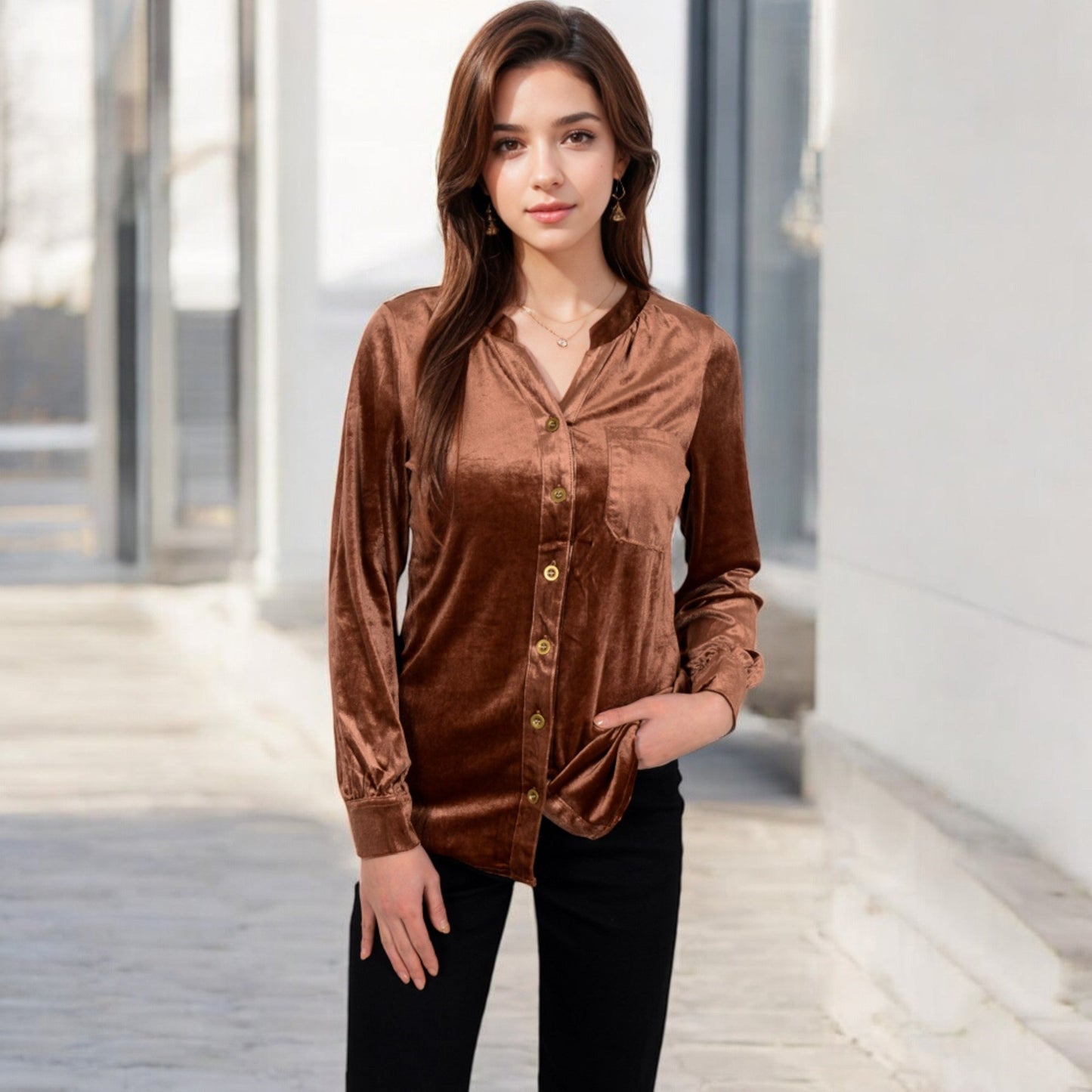 Velvet Button-Down Shirt with Chest Pocket
