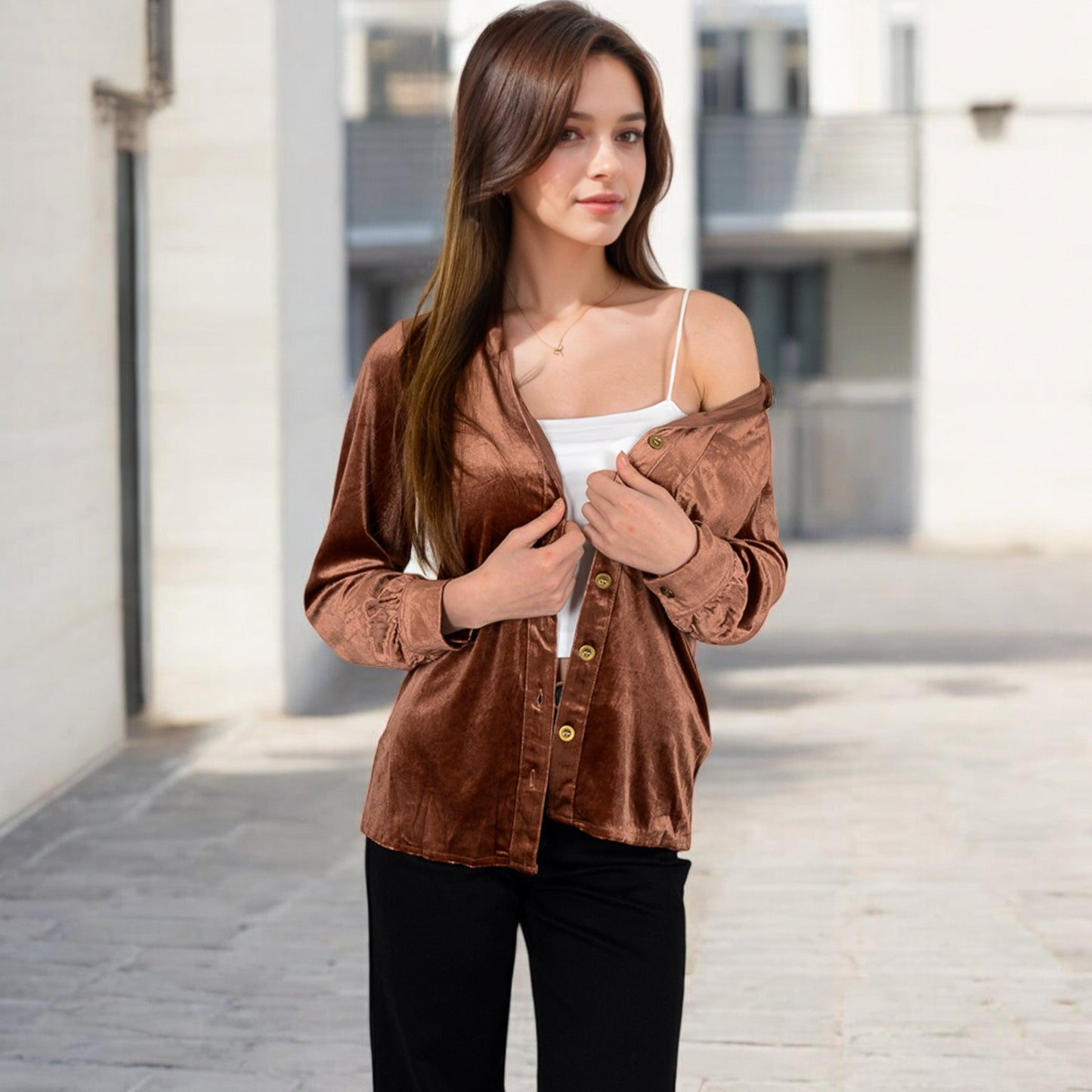 Velvet Button-Down Shirt with Chest Pocket