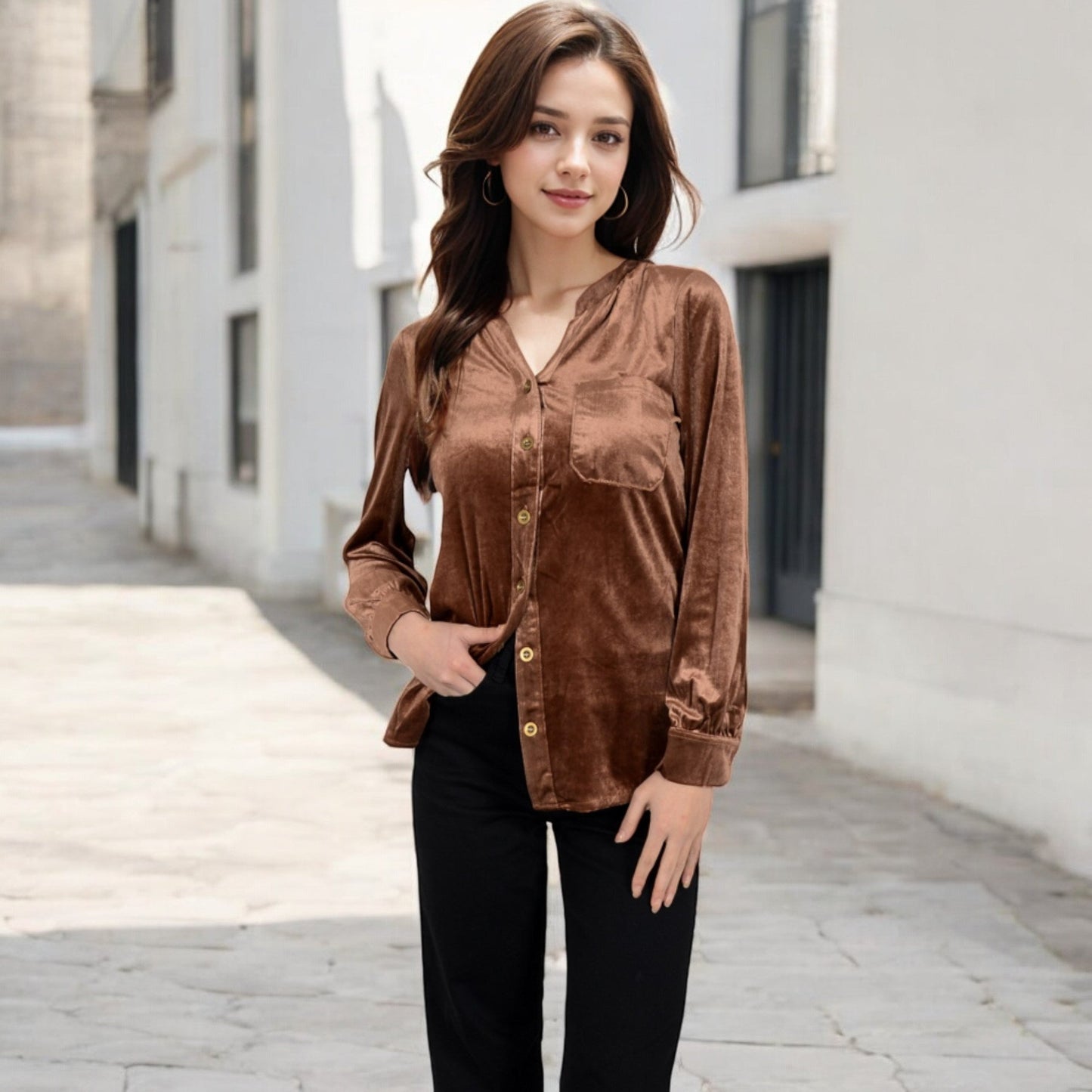 Velvet Button-Down Shirt with Chest Pocket