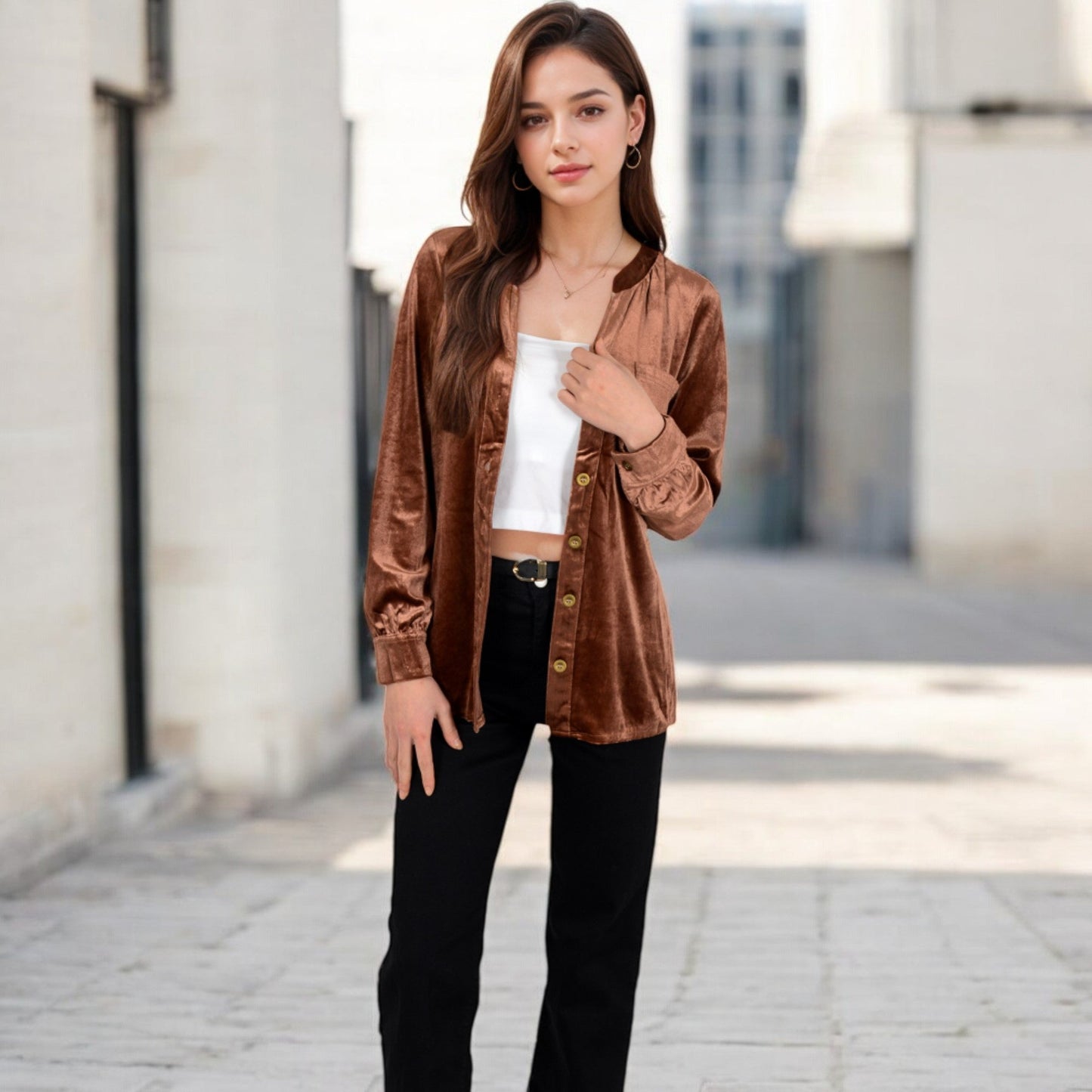 Velvet Button-Down Shirt with Chest Pocket