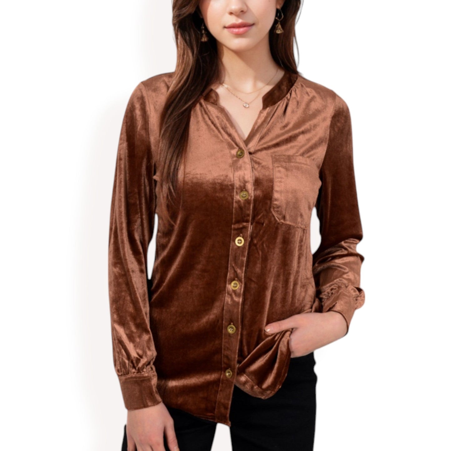 Velvet Button-Down Shirt with Chest Pocket