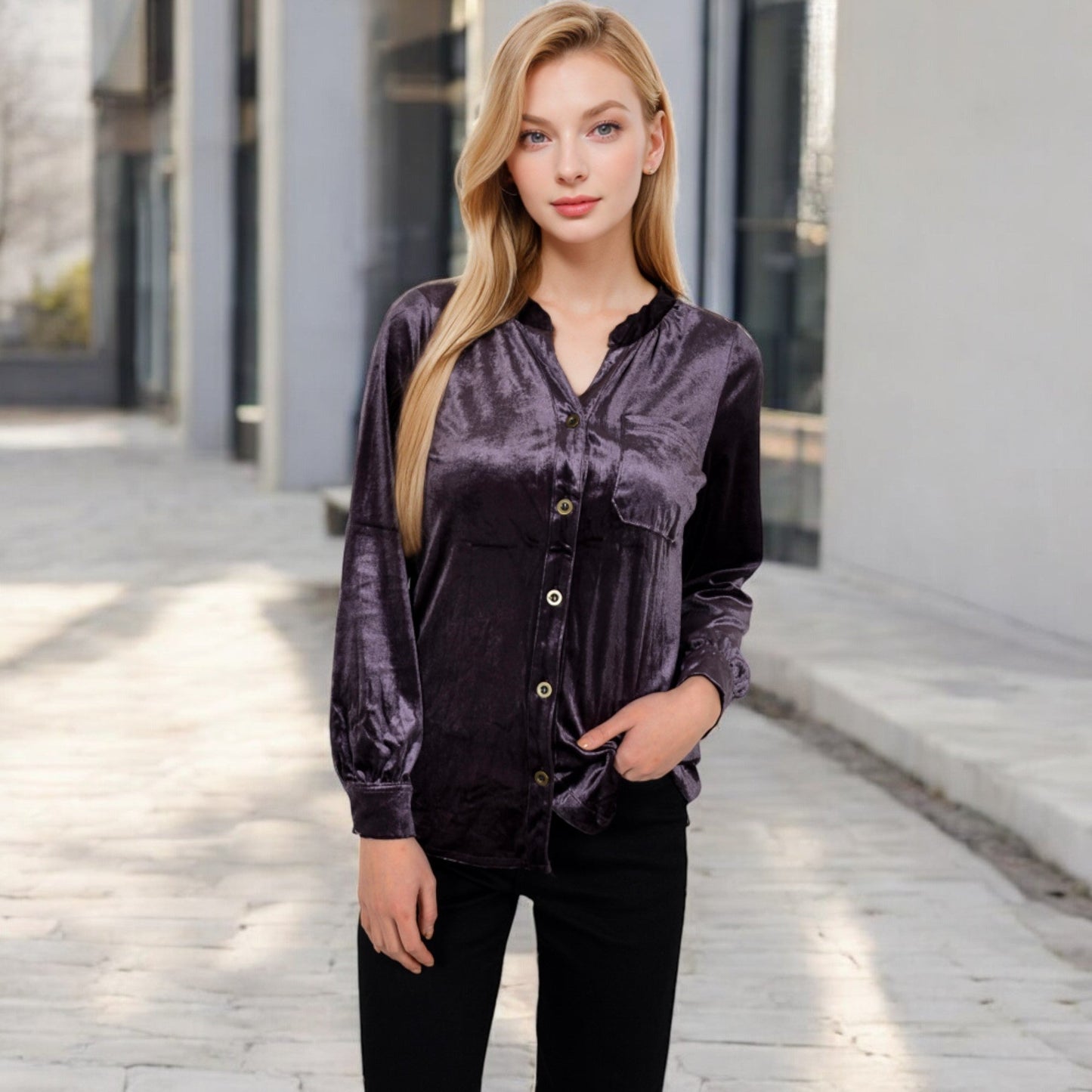 Velvet Button-Down Shirt with Chest Pocket