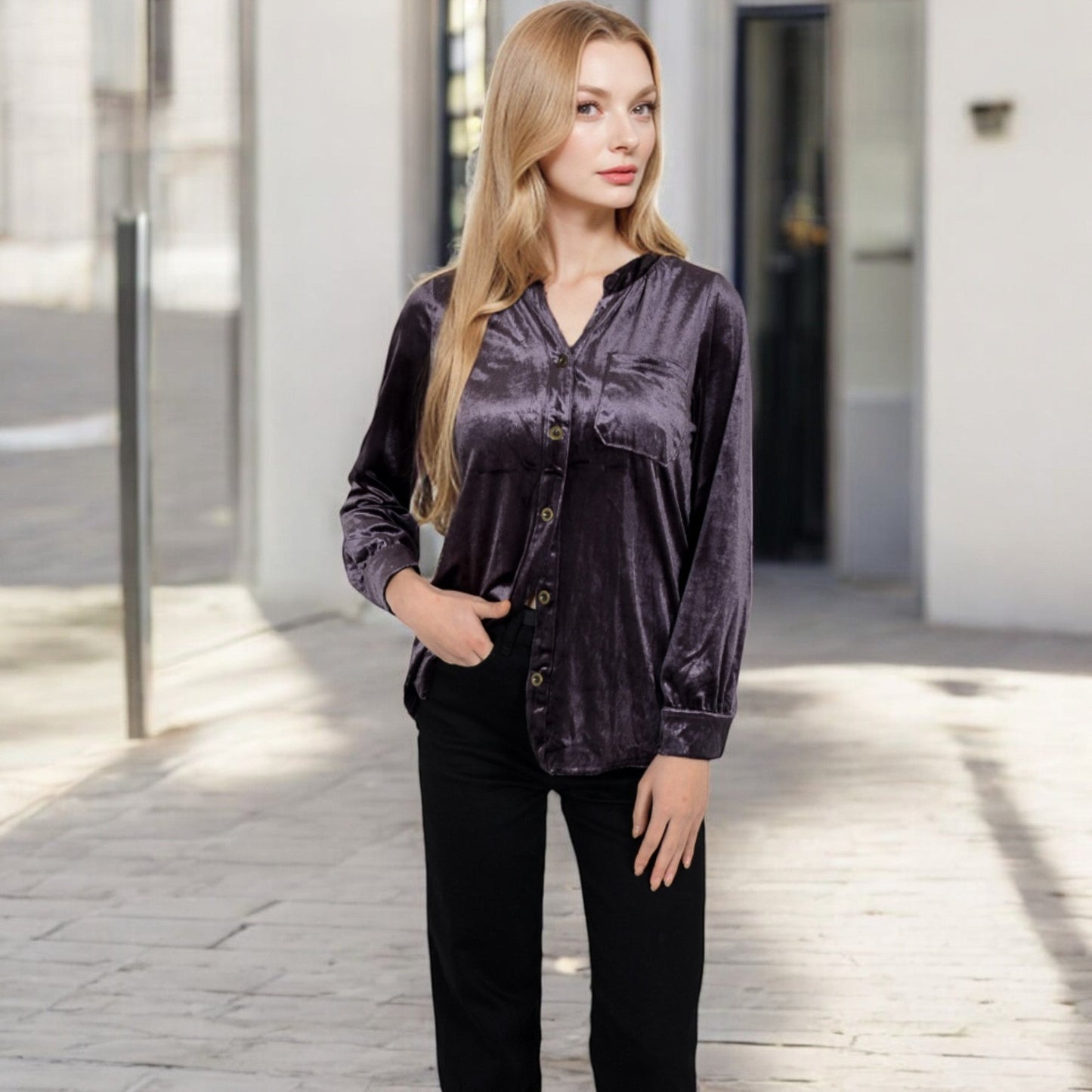 Velvet Button-Down Shirt with Chest Pocket
