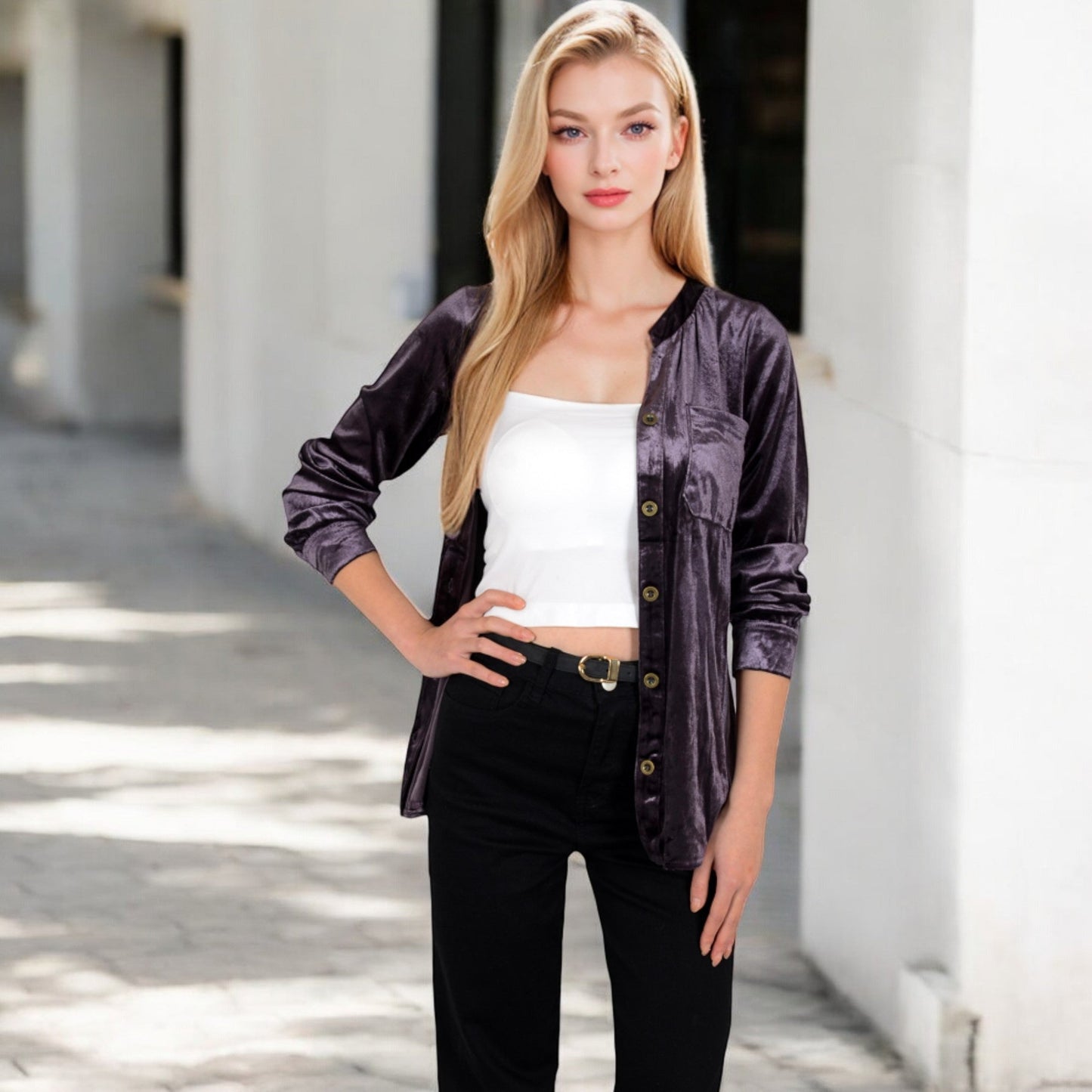 Velvet Button-Down Shirt with Chest Pocket