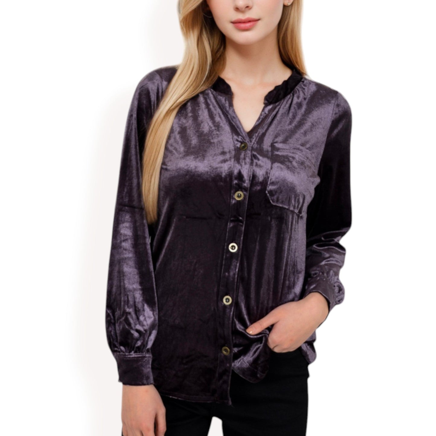 Velvet Button-Down Shirt with Chest Pocket
