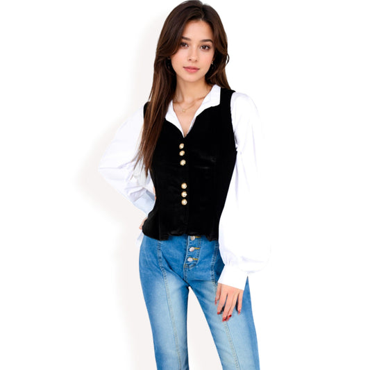 Velvet Peplum Vest with Button Detai