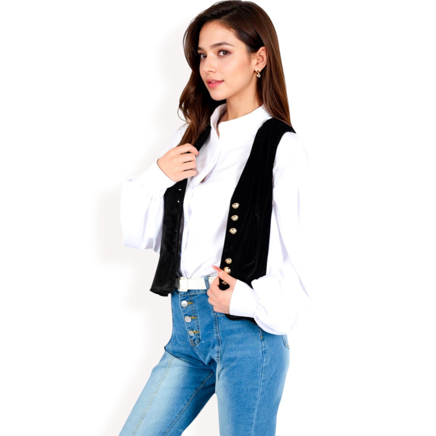 Velvet Peplum Vest with Button Detai