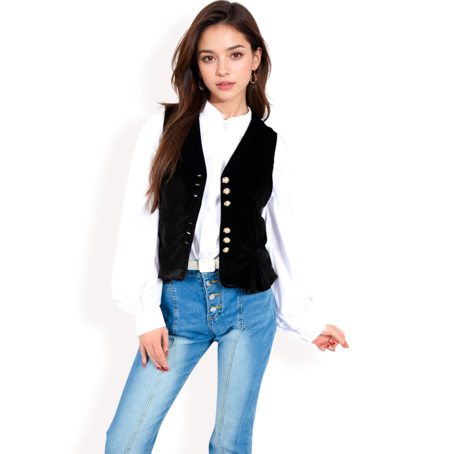 Velvet Peplum Vest with Button Detai