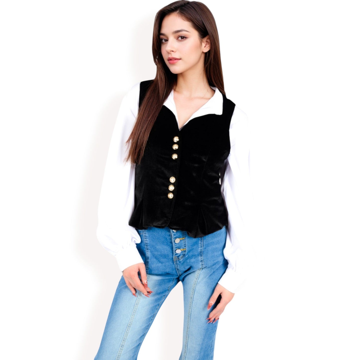 Velvet Peplum Vest with Button Detai